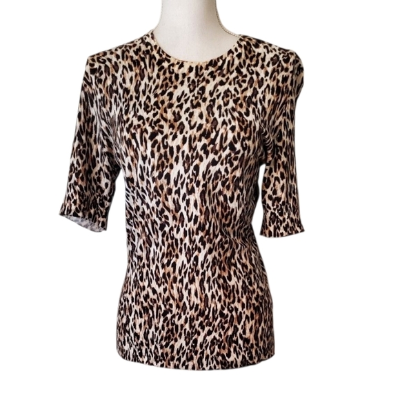 White House Black Market Leopard Elbow Length Sleeve Crew Neck Knit Top Size M - Picture 1 of 7